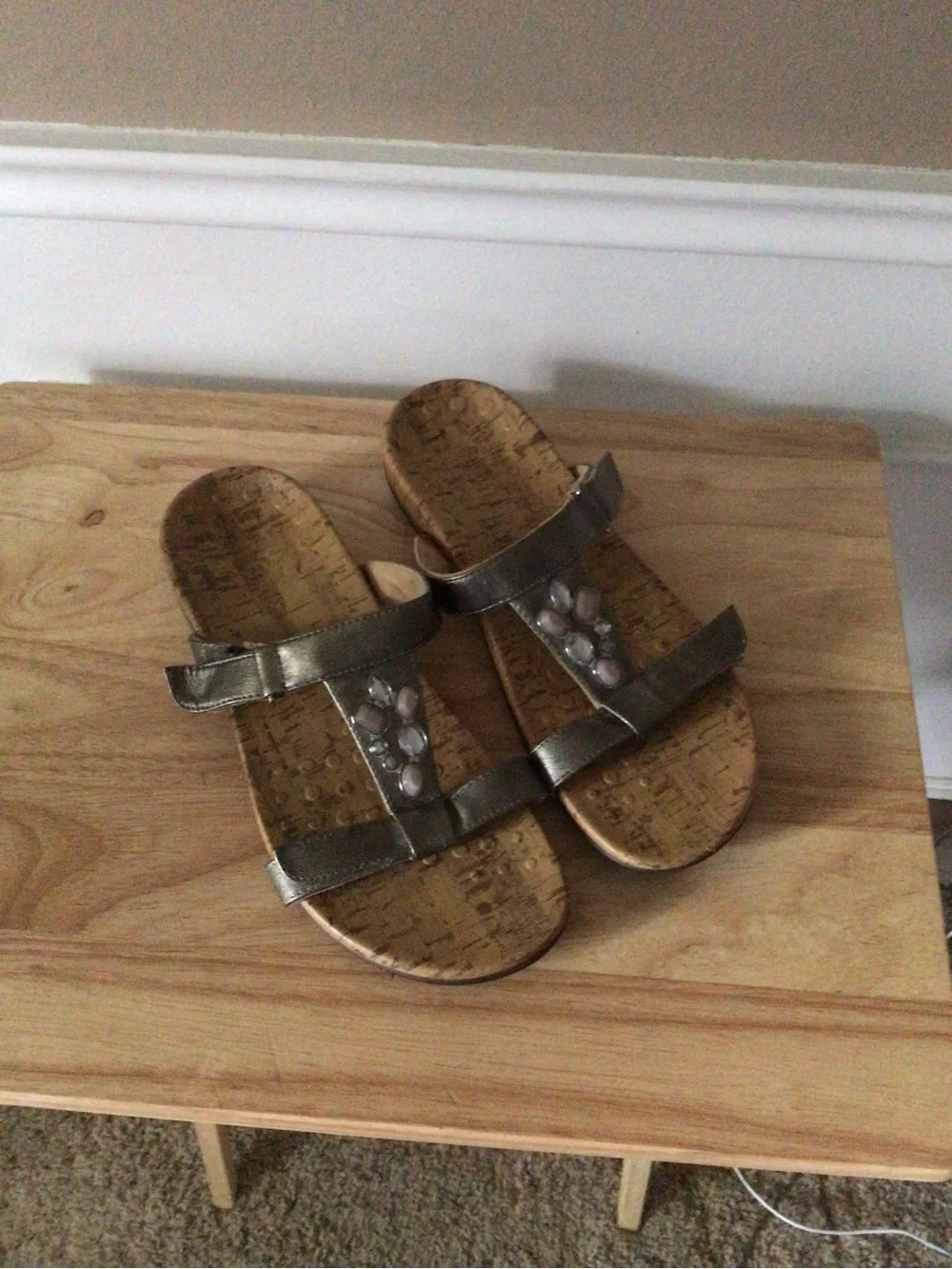 Vionic Metallic Pewter Jeweled T-Strap Cork Footbed Sandals